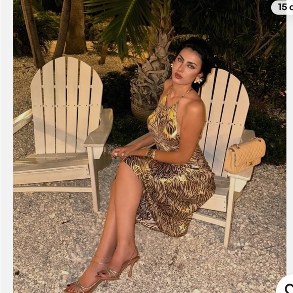 ZARA  FOIL ANIMAL PRINT MIDI HALTER OPEN BACK GOLD DRESS - Picture 15 of 16